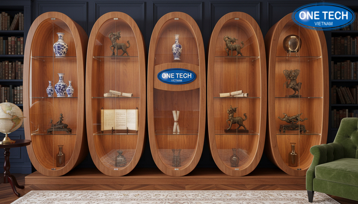 Mẫu kệ trưng bày đồ cổ tích hợp đèn LED hiện đại