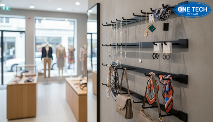 Kệ móc treo phụ kiện trong shop thời trang giúp tiết kiệm diện tích