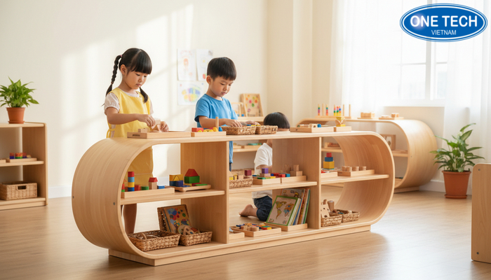 Kệ modular Montessori cho trẻ tự lựa chọn và cất đồ chơi