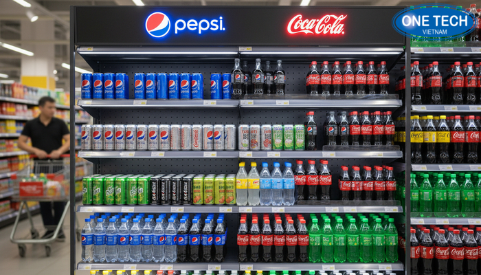 Kệ quảng cáo nước ngọt có đèn LED giúp logo nổi bật