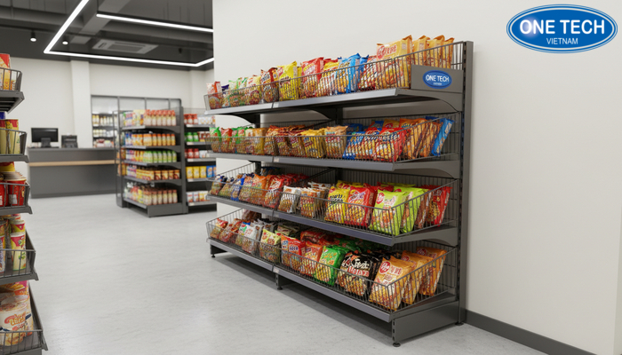 Mẫu kệ rổ mì 1 mặt đặt sát tường tối ưu lối đi cho cửa hàng nhỏ