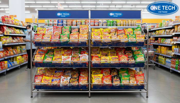 Kệ rổ mì 2 mặt đặt giữa nhà giúp tăng diện tích trưng bày mì tôm cho siêu thị mini