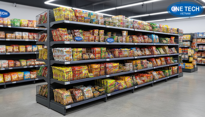 Kệ rổ mì trưng bày tại quầy hàng siêu thị mini giúp phân loại mì tôm gọn và dễ chọn