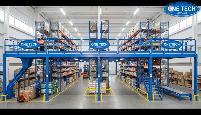 Kệ sàn Mezzanine trong kho logistics giúp tối ưu khu soạn đơn và phân tuyến hàng