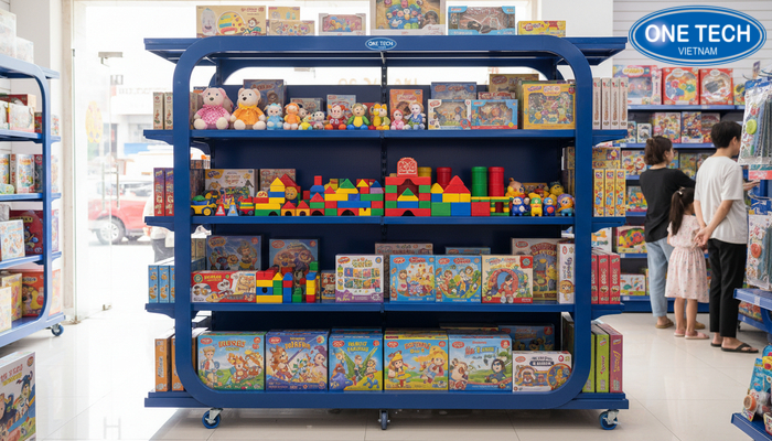 Kệ sắt sơn tĩnh điện có bánh xe đa hướng trưng bày đồ chơi trẻ em