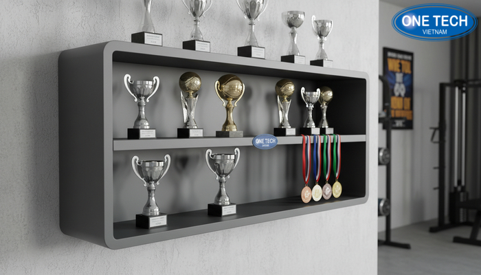 Kệ treo tường trưng bày huy chương và cúp Kệ treo tường trưng bày huy chương và cúp gọn gàng, tiết kiệm diện tích