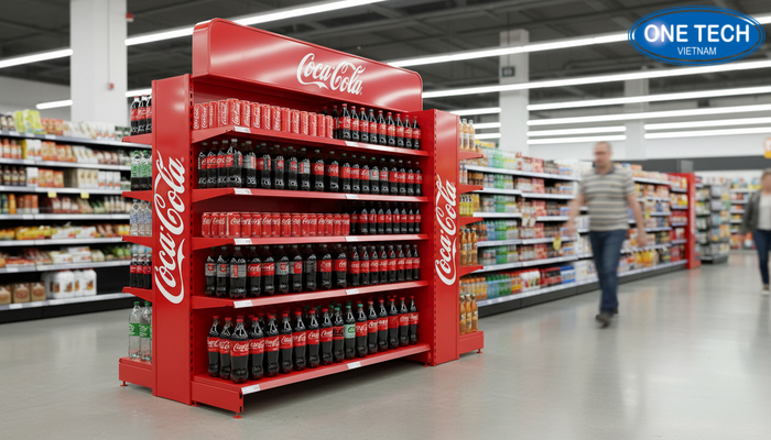Kệ trưng bày Coca Cola màu đỏ có header và vách hông tăng nhận diện