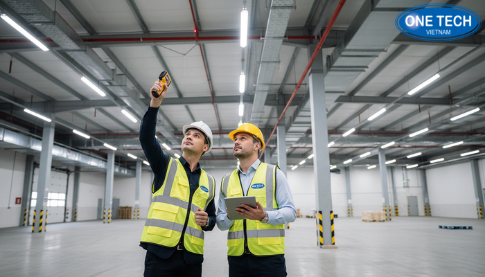 Khảo sát mặt bằng kho trước khi lắp kệ sàn Mezzanine để đo chiều cao, lối đi và điểm vướng