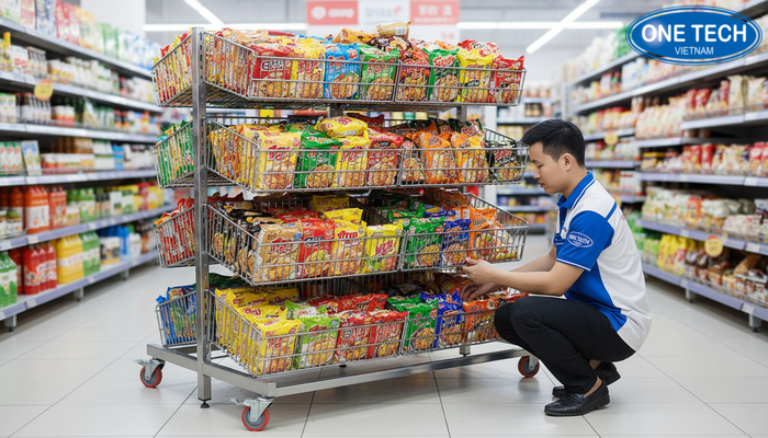 Kiểm tra tải trọng và bánh xe giúp kệ rổ mì vận hành ổn định, tránh nghiêng lệch khi trưng bày