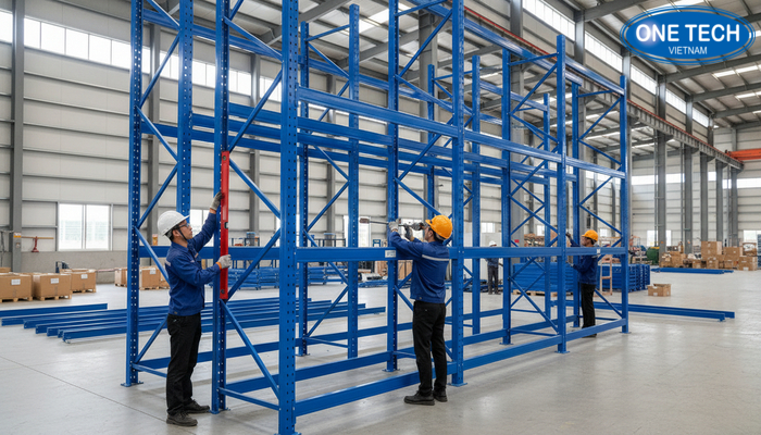 Ảnh minh họa kỹ thuật lắp đặt kệ drive in, cân chỉnh khung và ray