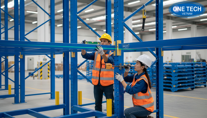 Quy trinh lap dat ke Push Back voi can chinh khung ray va phu kien an toan