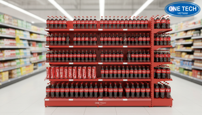Mẫu kệ trưng bày nước ngọt Coca Cola màu đỏ dạng kệ đứng nhiều tầng