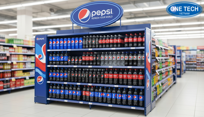 Mẫu kệ quảng cáo siêu thị Pepsi màu xanh dương có logo nổi bật