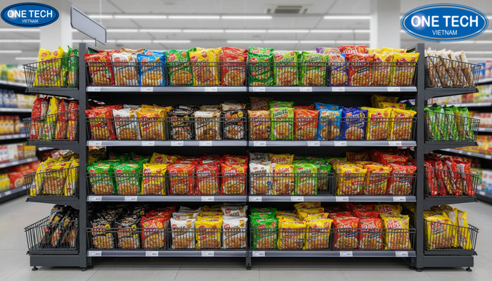Mẫu kệ rổ mì OneTech Group với giỏ lưới sâu lòng, phù hợp trưng bày mì tôm và mì ly