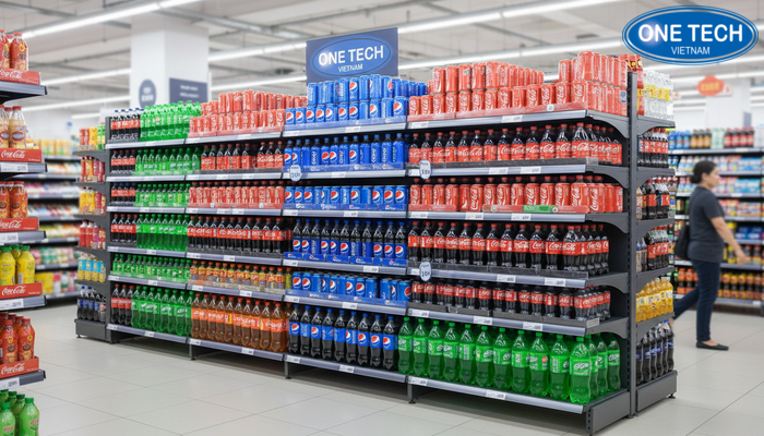 Mẫu kệ siêu thị quảng cáo nước giải khát đồng bộ nhận diện thương hiệu