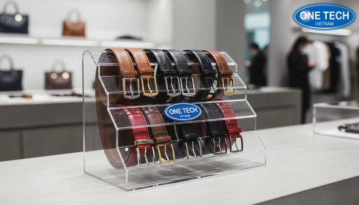 Kệ trưng bày thắt lưng trong suốt Mẫu kệ trưng bày thắt lưng trong suốt bằng mica tôn sản phẩm