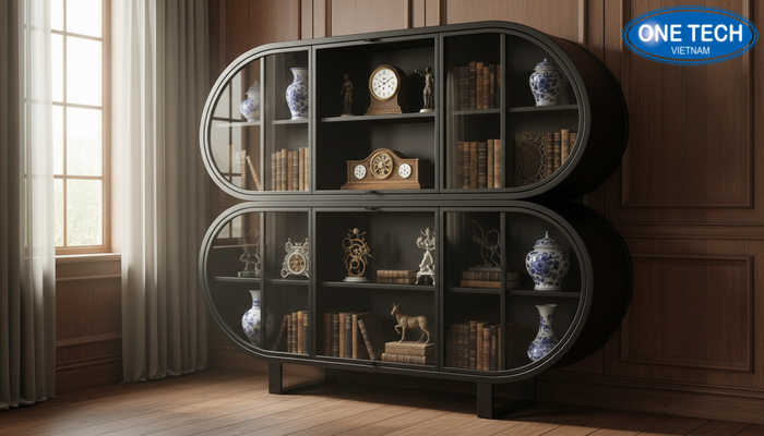 Mẫu tủ đa năng trưng bày đồ cổ với nhiều ngăn và khoang