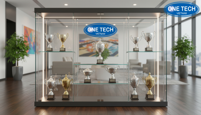 Mẫu tủ kính trưng bày cúp hiện đại Mẫu tủ kính trưng bày cúp hiện đại có thể cá nhân hóa logo