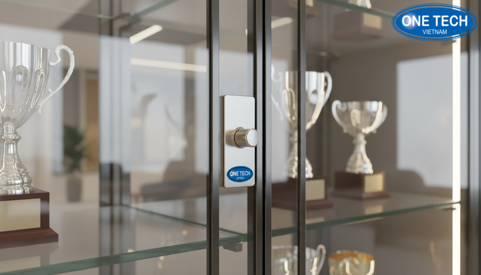 Khóa chống bụi cho kệ trưng bày cúp Minh họa thiết kế khóa và khả năng chống bụi cho kệ trưng bày cúp