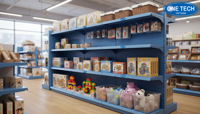 Minh họa kích thước kệ đồ chơi cho bé và bố cục ngăn trưng bày dễ nhìn
