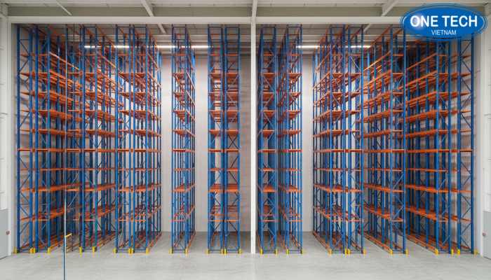 Lối đi kệ selective và mật độ lưu trữ Minh họa diện tích lối đi khi dùng kệ selective so với hệ kệ mật độ cao