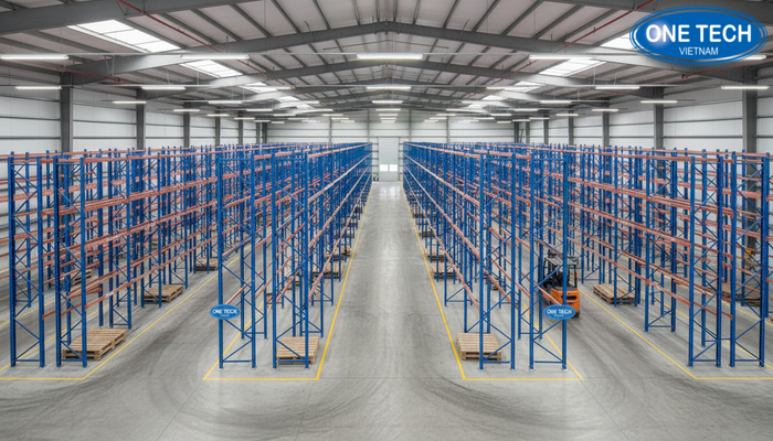 Mô hình bố trí mặt bằng kho mẫu với kệ double deep