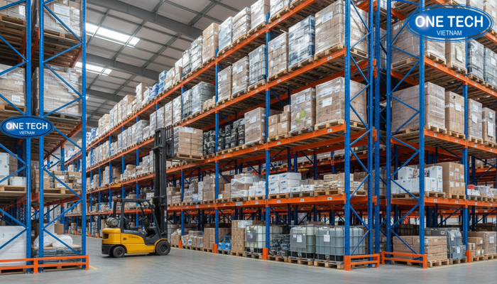 Mô hình kệ pallet trong kho với lối đi xe nâng