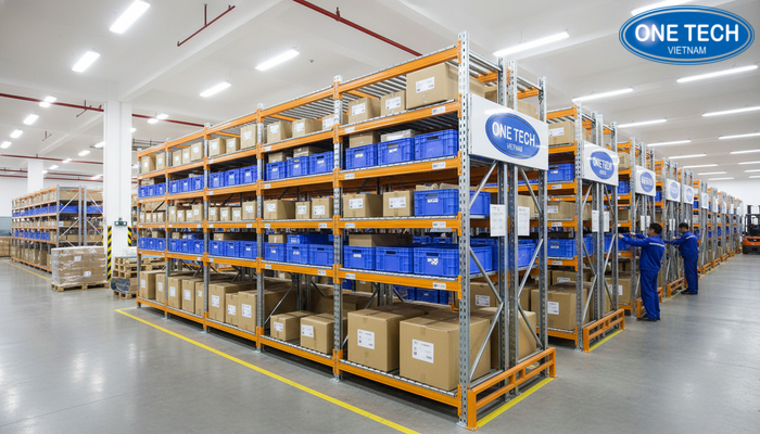 Mô hình kho sử dụng kệ con lăn cho thùng carton và kiện nhỏ, luồng nhập và luồng xuất tách biệt