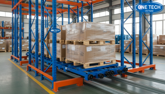 Mo phong nguyen ly day lui pallet tren ke Push Back