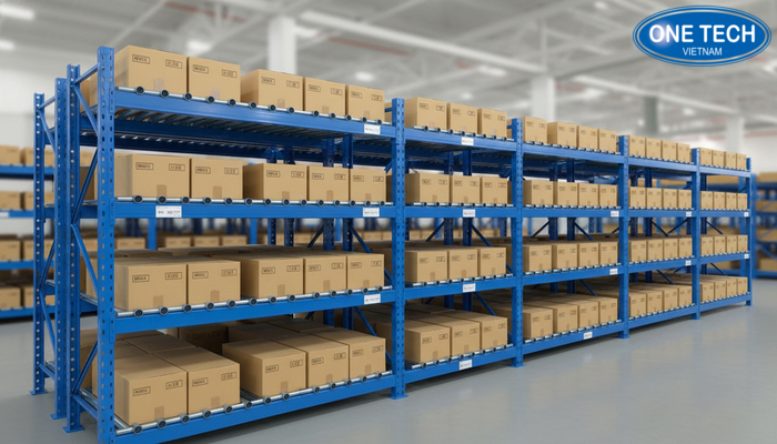 Minh họa nguyên lý FIFO trên kệ con lăn, hàng nhập trước tự trôi ra trước