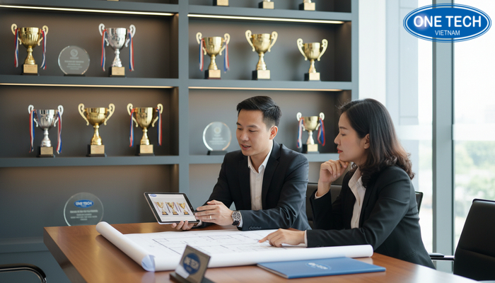 Tư vấn thiết kế kệ trưng bày cúp OneTech OneTech tư vấn thiết kế kệ trưng bày cúp theo không gian thực tế