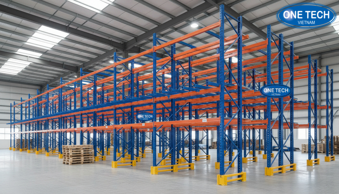 Sơ đồ phân tích chi tiết các bộ phận của kệ drive in: khung cột, ray đỡ, giằng, bảo vệ cột