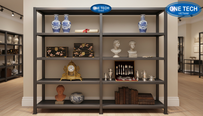 Phối cảnh kệ trưng bày đồ cổ phong cách Đông Tây hài hòa