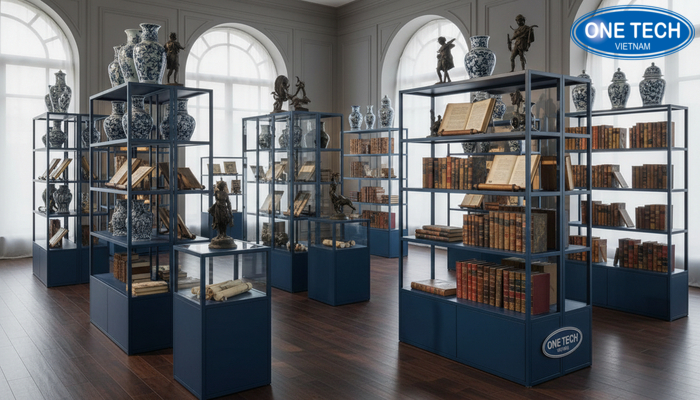 Phối cảnh các kích thước kệ trưng bày đồ cổ cho nhiều không gian