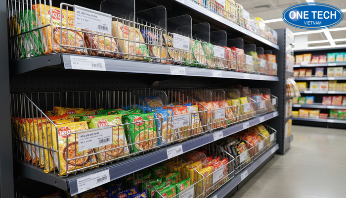 Phụ kiện kệ siêu thị như nhãn giá, thanh chắn, móc treo giúp tối ưu kệ rổ mì