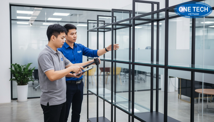 Lắp đặt kệ trưng bày cúp OneTech Hình ảnh quy trình lắp đặt kệ trưng bày cúp đảm bảo chắc chắn và thẩm mỹ