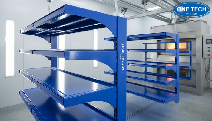 Hình ảnh quy trình hoàn thiện sơn tĩnh điện giúp kệ rổ mì bền màu và dễ vệ sinh