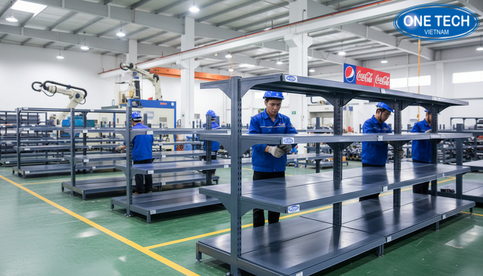 Sản xuất kệ quảng cáo nước giải khát khung sắt sơn tĩnh điện