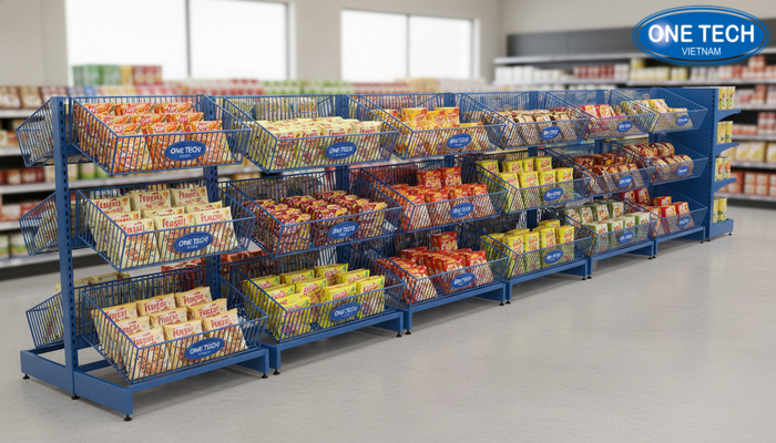 Sơ đồ gợi ý chọn kệ rổ mì theo diện tích cửa hàng và mục đích trưng bày