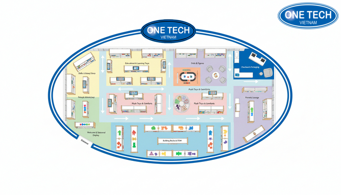 Sơ đồ setup kệ trưng bày đồ chơi trẻ em theo luồng di chuyển và vùng trải nghiệm
