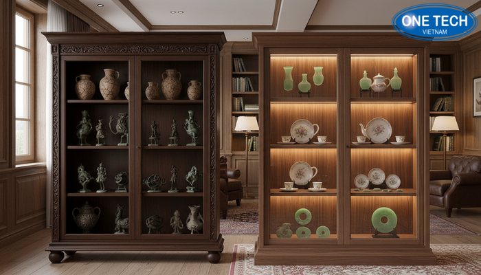 So sánh kệ giả cổ và tủ kính trưng bày đồ cổ hiện đại