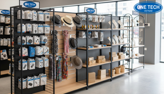 So sánh kệ khung lưới treo phụ kiện và kệ móc treo thanh ray