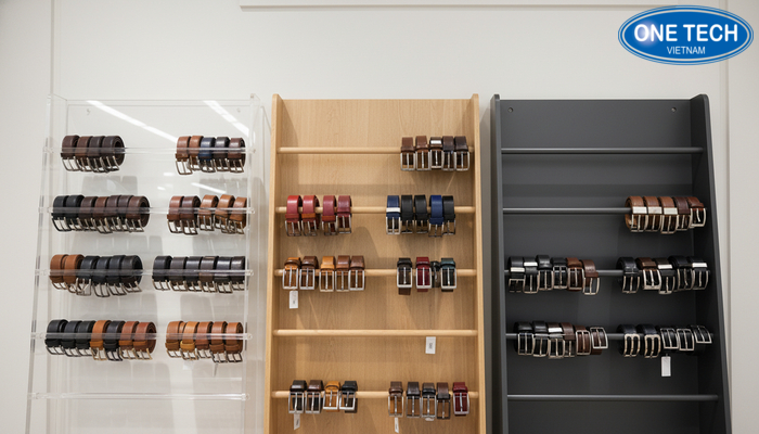 So sánh kệ trưng bày thắt lưng mica gỗ kim loại So sánh kệ trưng bày thắt lưng mica, gỗ, kim loại về thẩm mỹ và độ trong