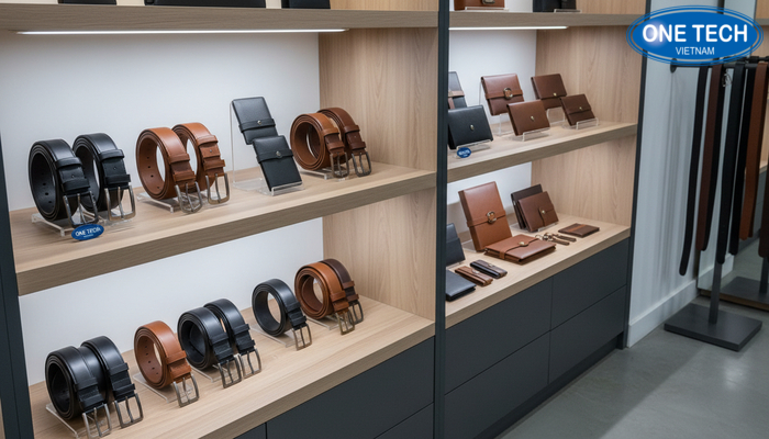 Kệ trưng bày thắt lưng đồng bộ phụ kiện Trưng bày thắt lưng kết hợp ví da và phụ kiện để tăng mua kèm