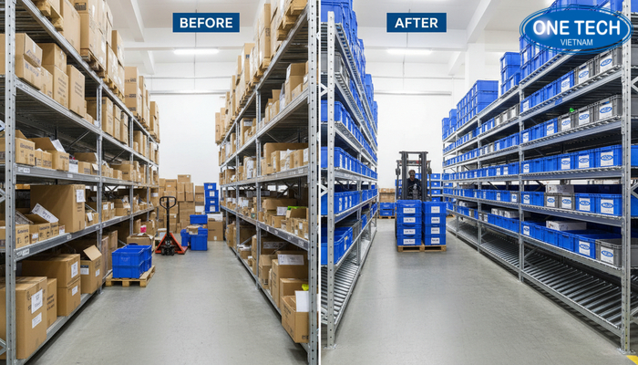 Minh họa trước và sau khi lắp đặt kệ con lăn trong kho vận, lối đi thông thoáng hơn