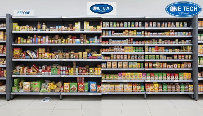 Minh họa trước và sau khi lắp đặt kệ con lăn trong siêu thị, hàng hóa gọn và dễ lấy hơn