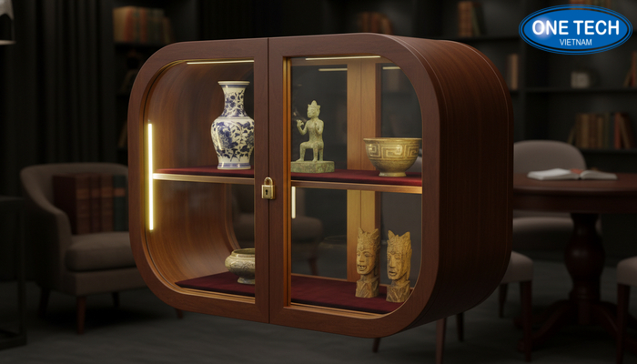 Tủ kính trưng bày đồ cổ có khóa và đèn LED tông vàng