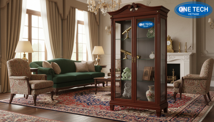 Tủ kính trưng bày đồ cổ trong phòng khách phong cách truyền thống
