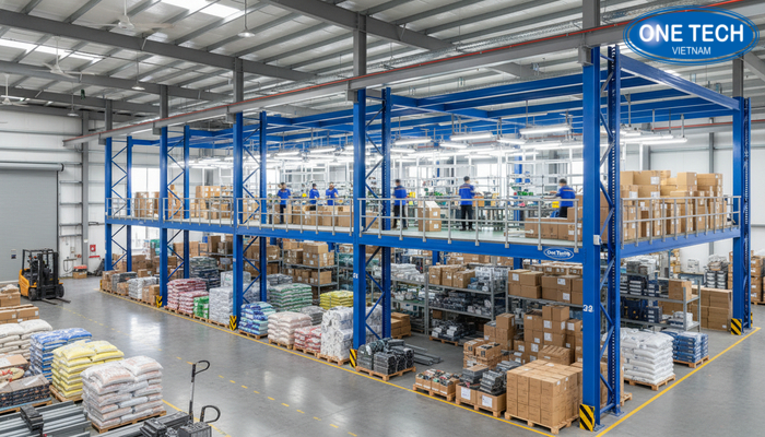 Ứng dụng kệ sàn Mezzanine trong kho sản xuất, tách khu nguyên vật liệu và khu đóng gói