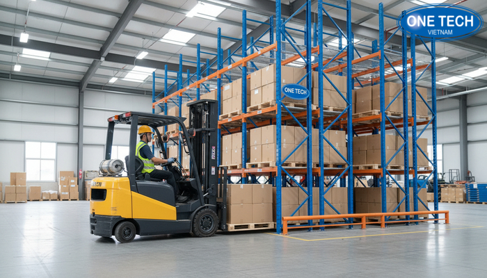 Xe nang nhap xuat pallet tren he thong ke Push Back